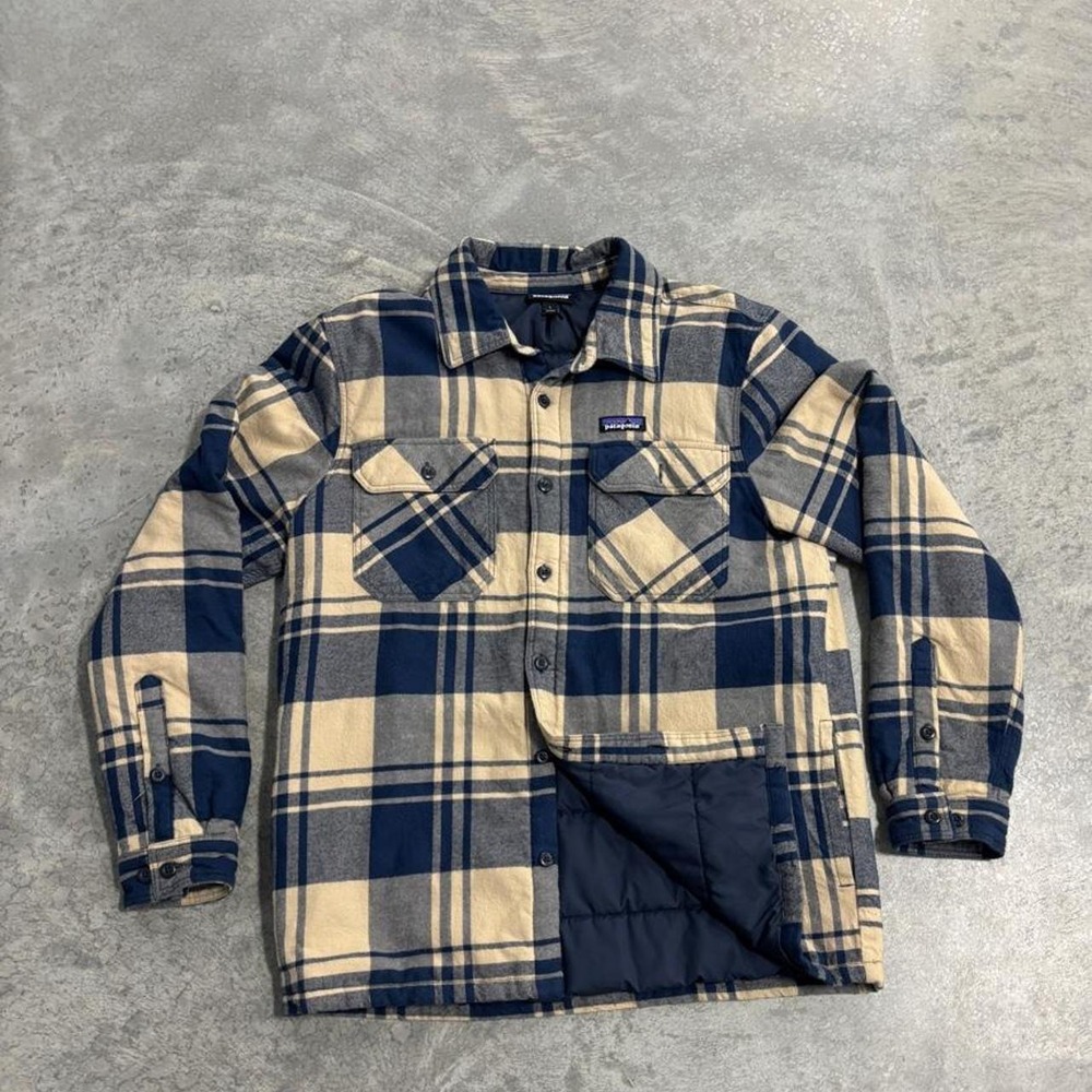 Patagonia Insulated Plaid Flannel Shirt Jacket Coat Blue Beige Size Large